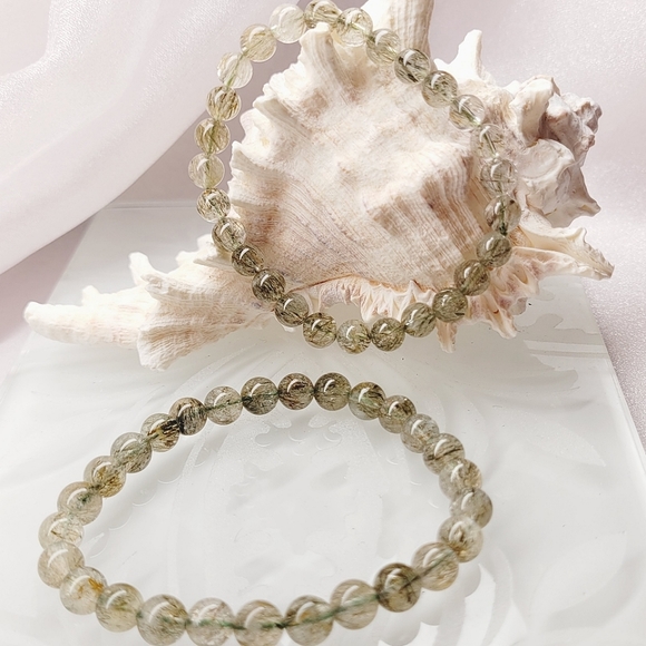 Natural Green Tourmaline Hair Rutilated Crystal Beads Stretch Bracelet Set - Picture 6 of 8